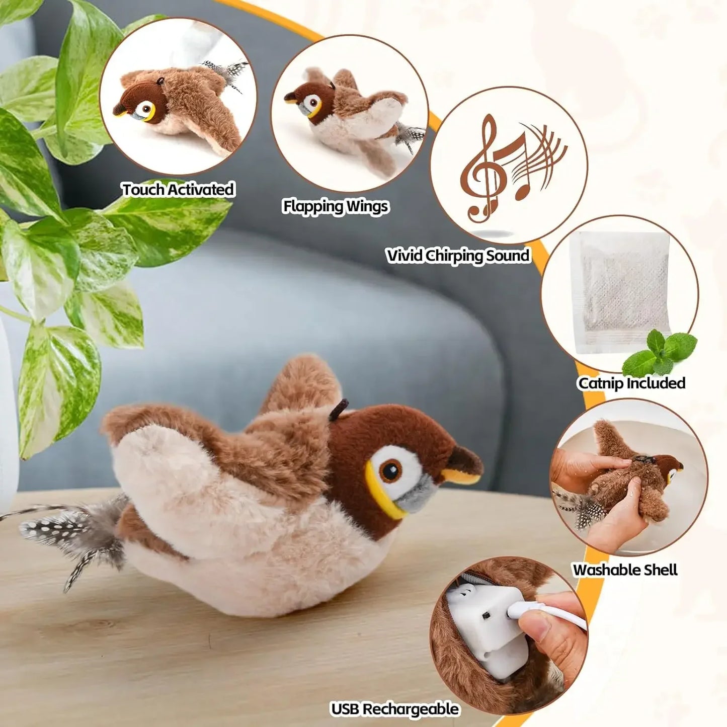 Interactive Cat Toys, Rechargeable Chirping Flapping Bird(no Flying)